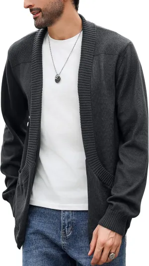 Men's Shawl Collar Long Sleeve Cardigan Knit Open Front with Pockets