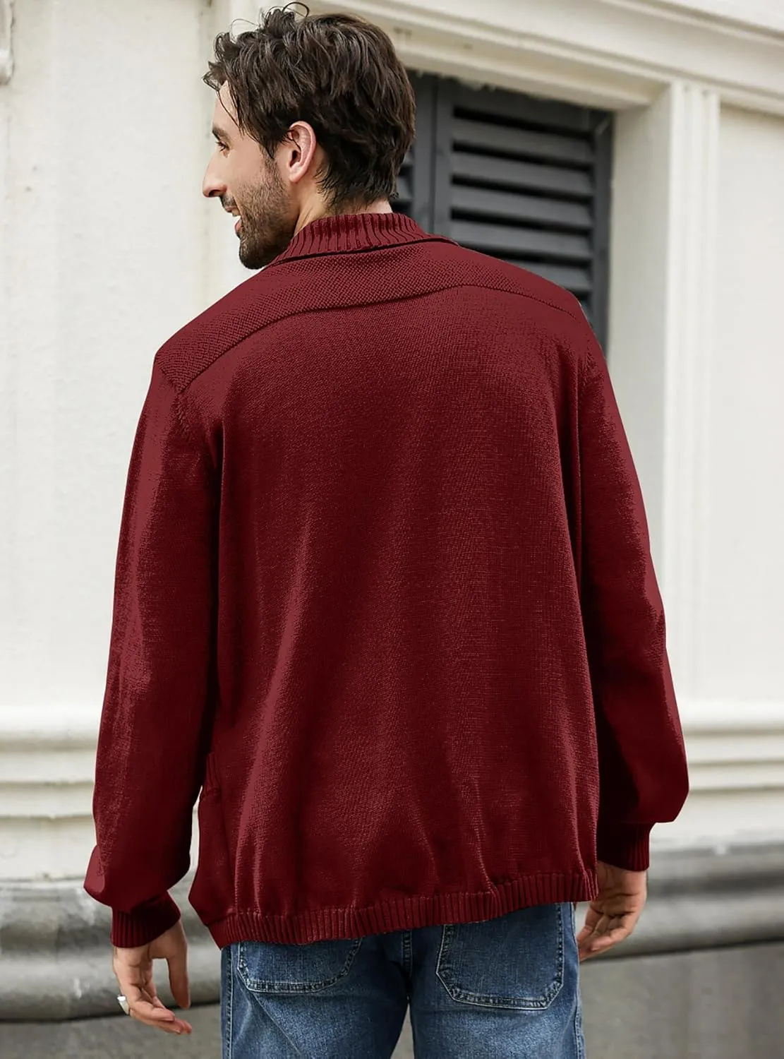 Men's Shawl Collar Long Sleeve Cardigan Knit Open Front with Pockets