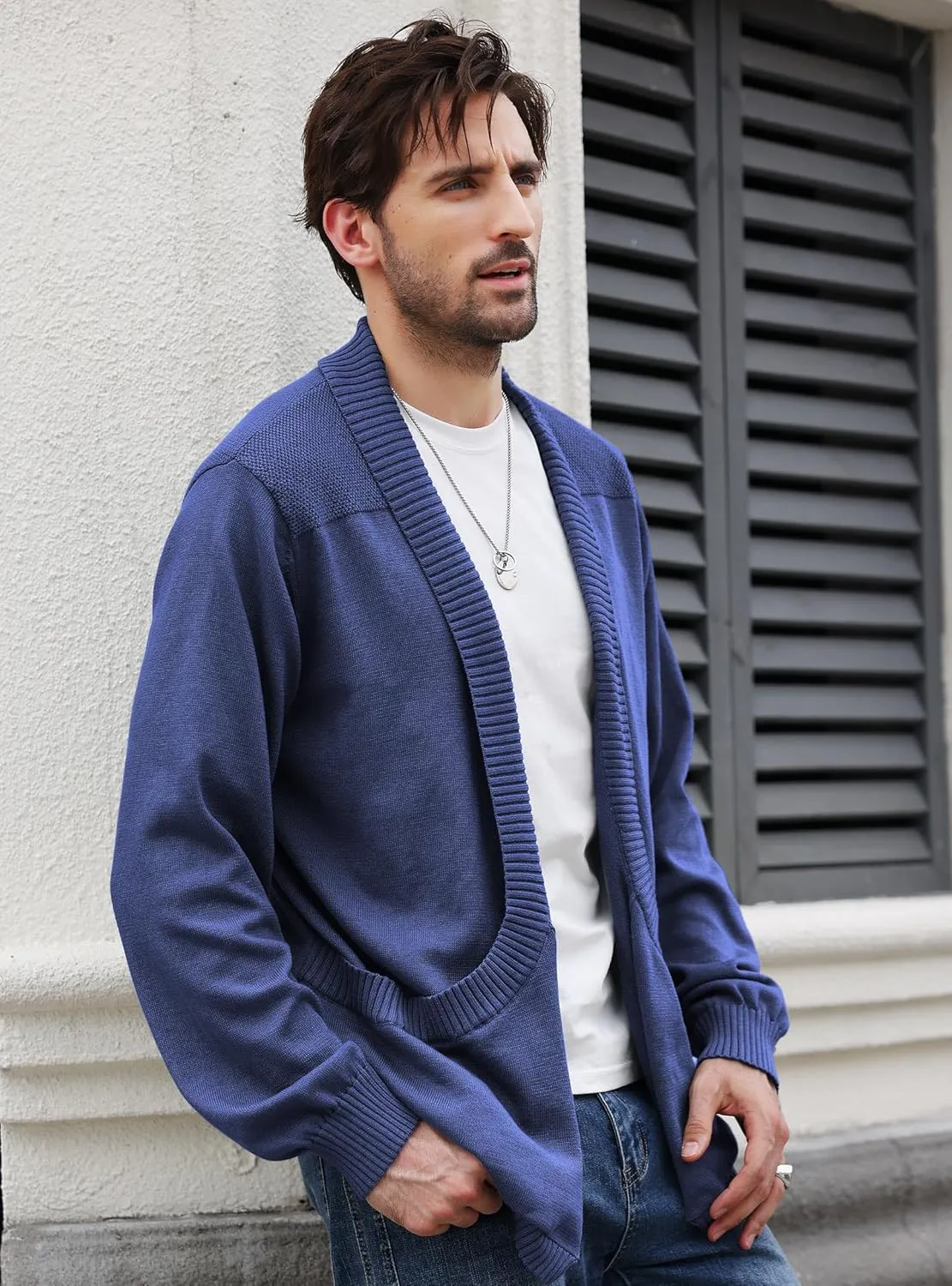 Men's Shawl Collar Long Sleeve Cardigan Knit Open Front with Pockets