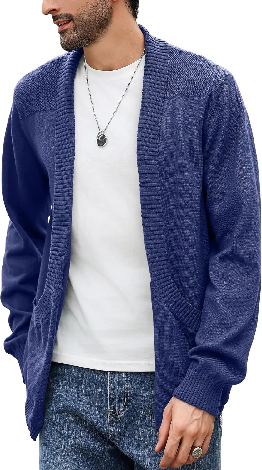 Men's Shawl Collar Long Sleeve Cardigan Knit Open Front with Pockets