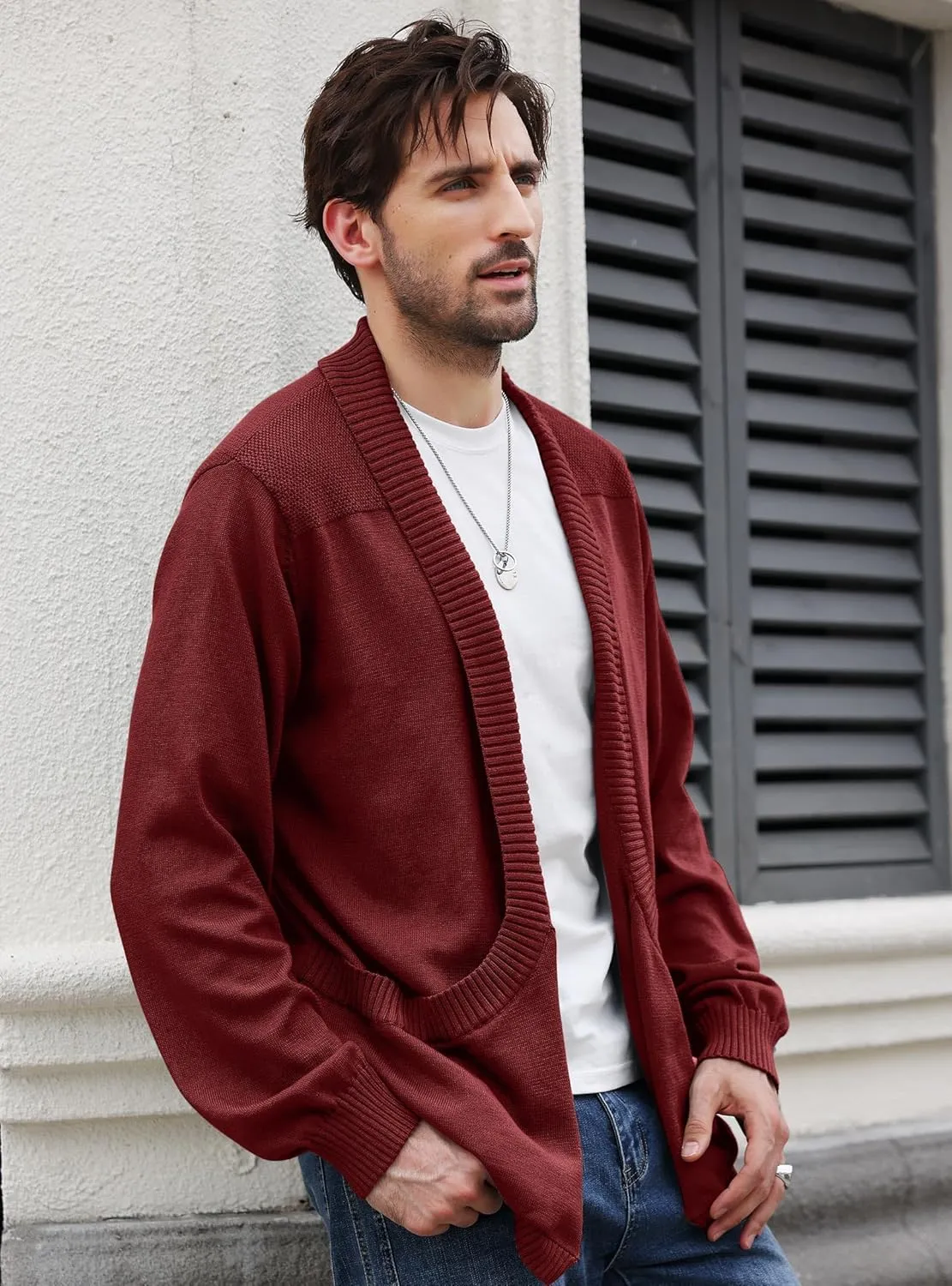 Men's Shawl Collar Long Sleeve Cardigan Knit Open Front with Pockets