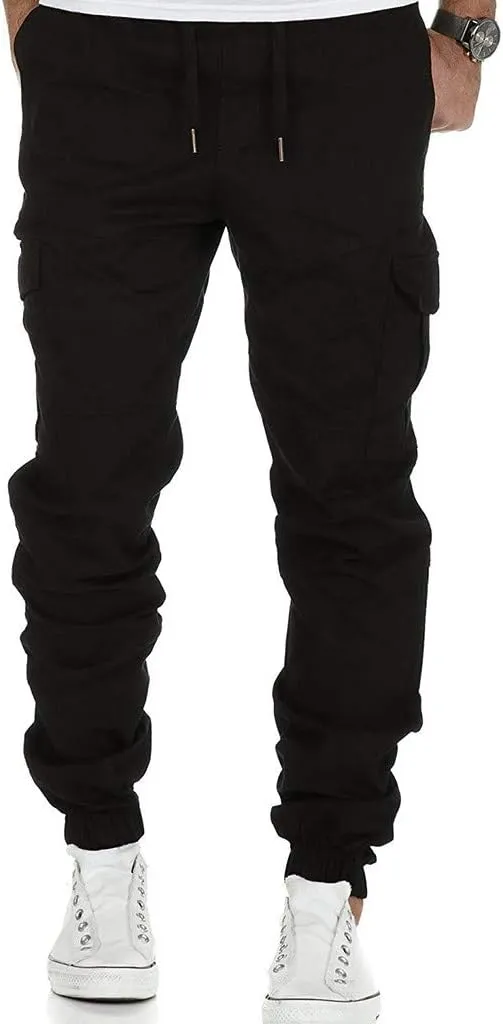 Mens Slim Fit Tapered Pants Flap Pocket Drawstring Elastic Waist Ripstop Cargo Joggers Stretch Chino Casul Work Trousers Black