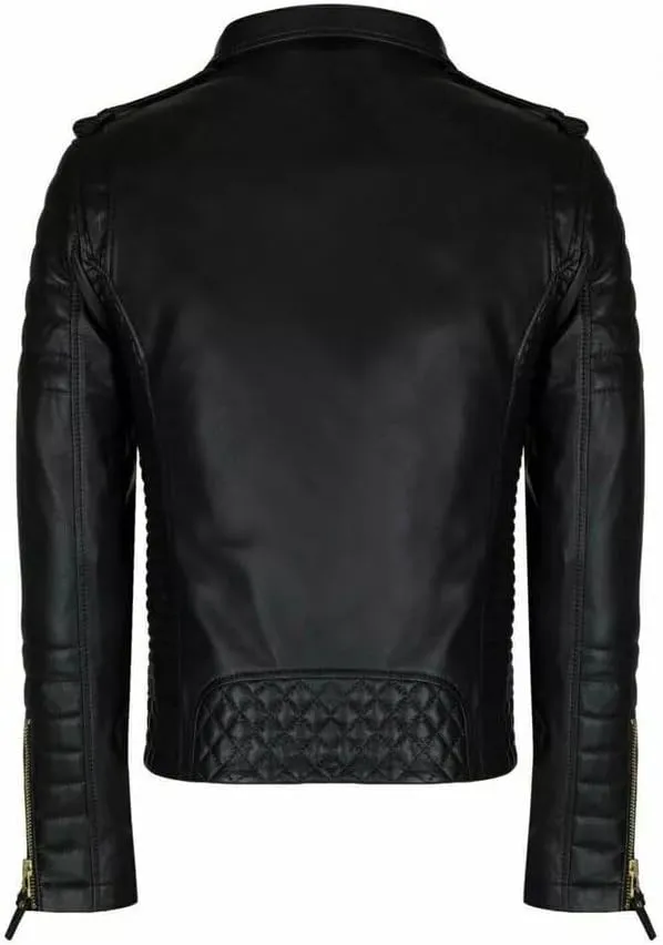 Men's Slimfit Motorcycle Quilted Black Real Sheepskin Leather Biker Jacket