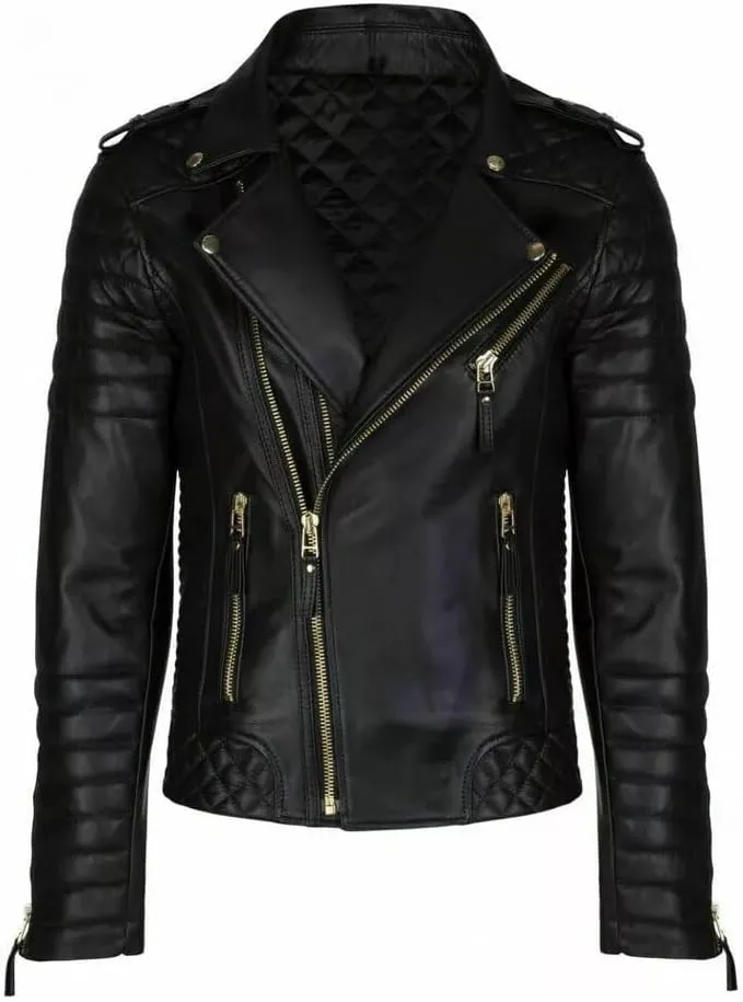 Men's Slimfit Motorcycle Quilted Black Real Sheepskin Leather Biker Jacket