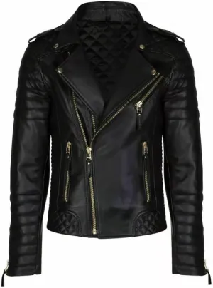 Men's Slimfit Motorcycle Quilted Black Real Sheepskin Leather Biker Jacket