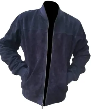 Men's Slimfit Suede Leather Bomber Jacket Blue Xs to 5XL