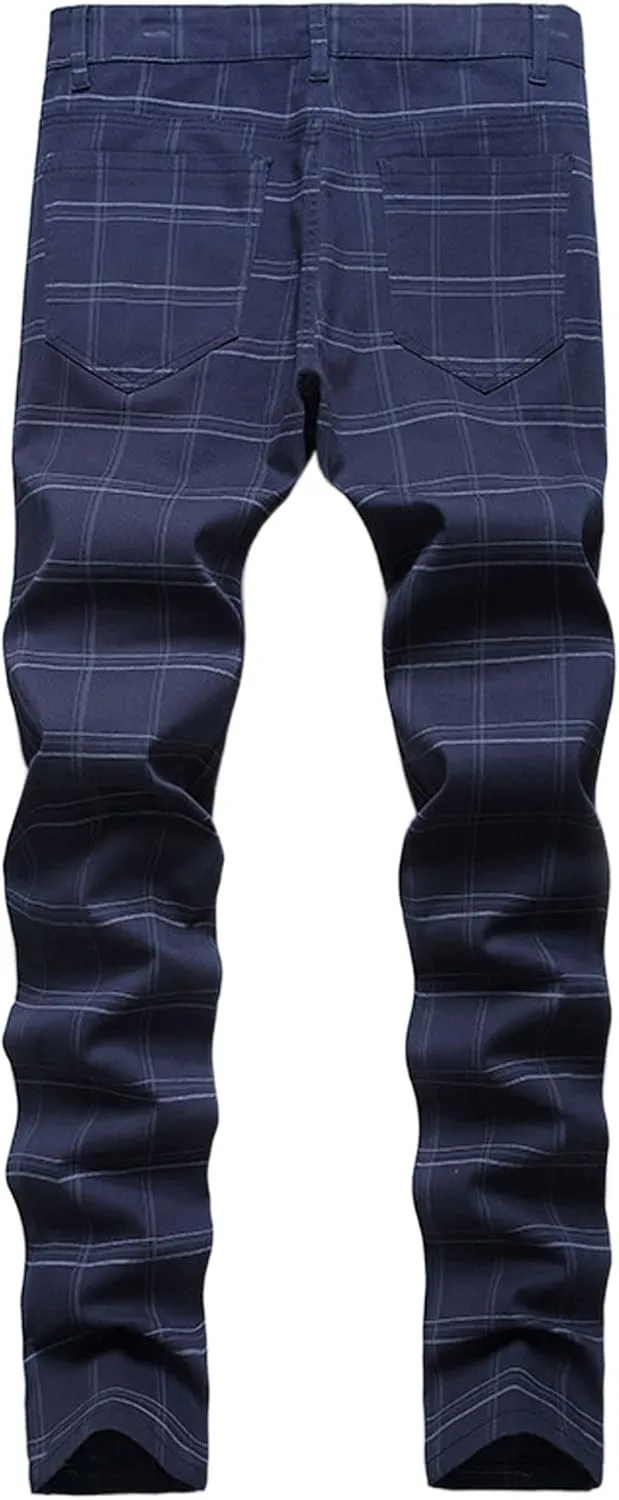 Mens Stretch Slim Fit Plaid Dress Pants,Mens Casual Black Flat-Front Skinny Comfy Business Chino Pants with Pocket