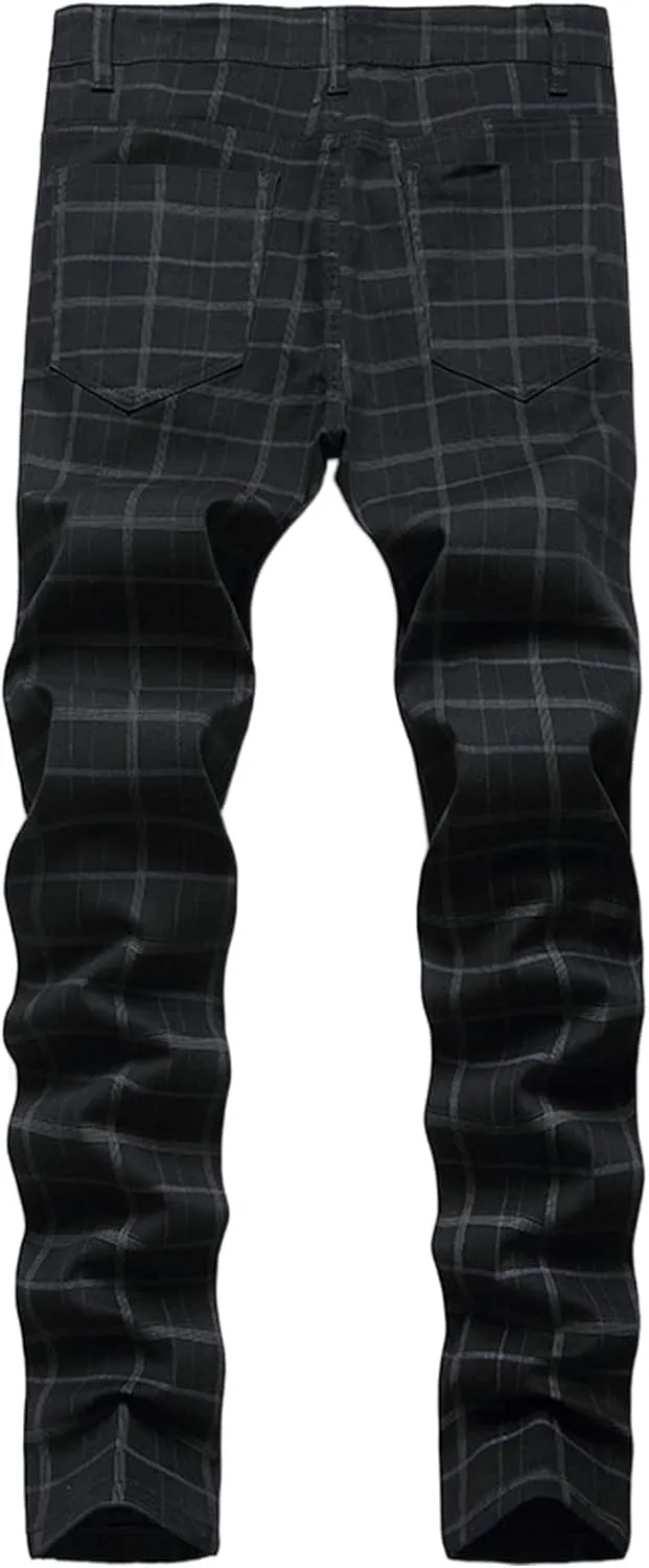 Mens Stretch Slim Fit Plaid Dress Pants,Mens Casual Black Flat-Front Skinny Comfy Business Chino Pants with Pocket