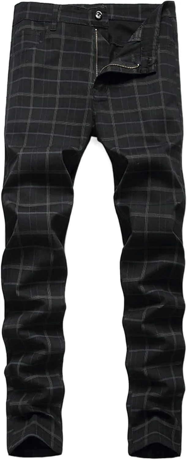 Mens Stretch Slim Fit Plaid Dress Pants,Mens Casual Black Flat-Front Skinny Comfy Business Chino Pants with Pocket