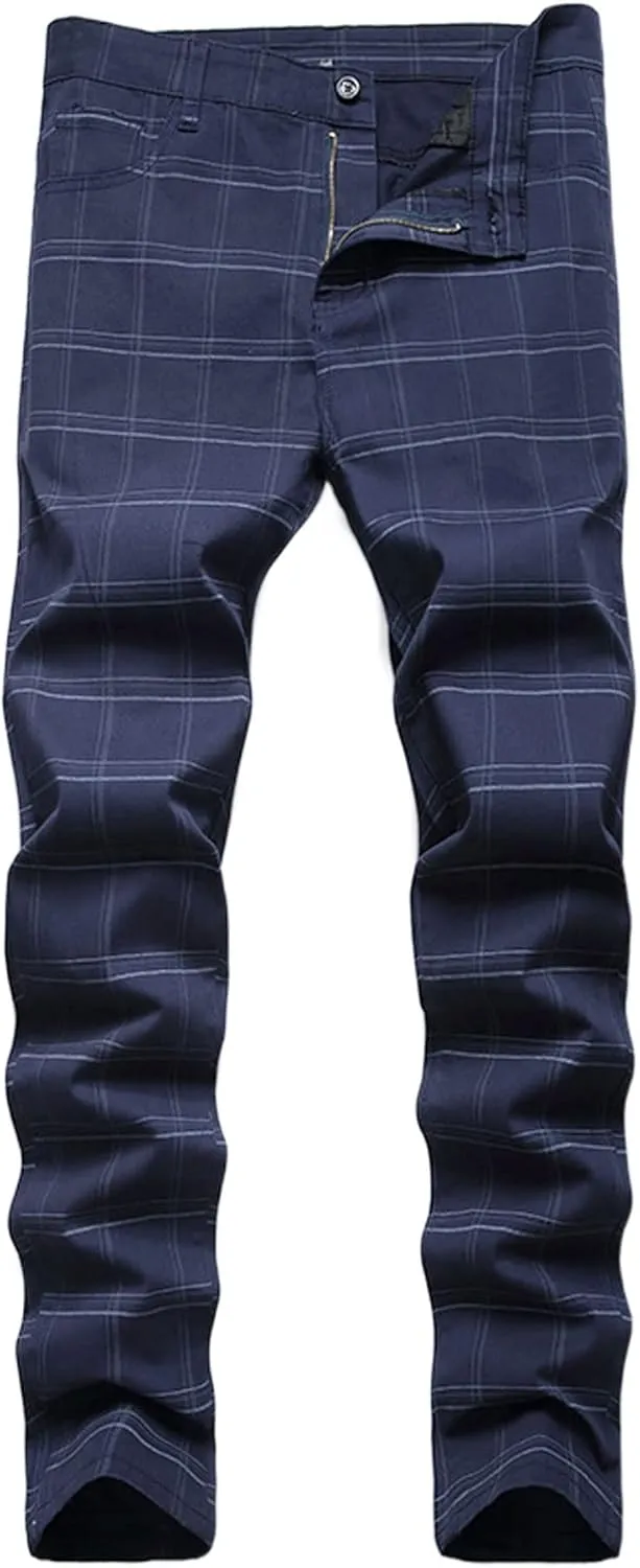 Mens Stretch Slim Fit Plaid Dress Pants,Mens Casual Black Flat-Front Skinny Comfy Business Chino Pants with Pocket