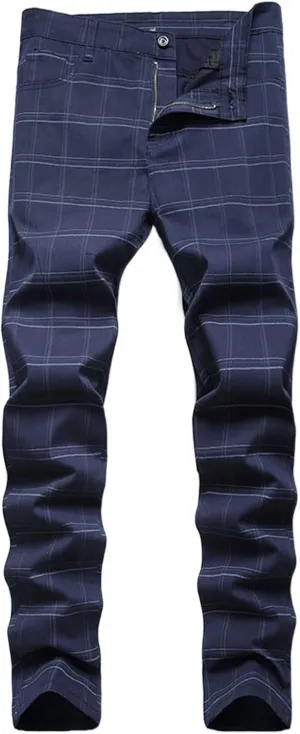 Mens Stretch Slim Fit Plaid Dress Pants,Mens Casual Black Flat-Front Skinny Comfy Business Chino Pants with Pocket