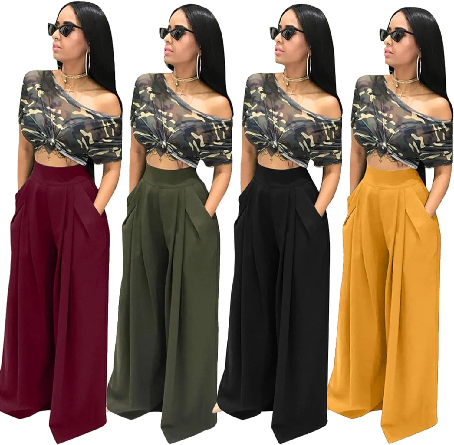 MESLIMA Palazzo Pants for Women High Waisted Wide Leg Stretchy Loose Fit Casual Trousers with Pocket