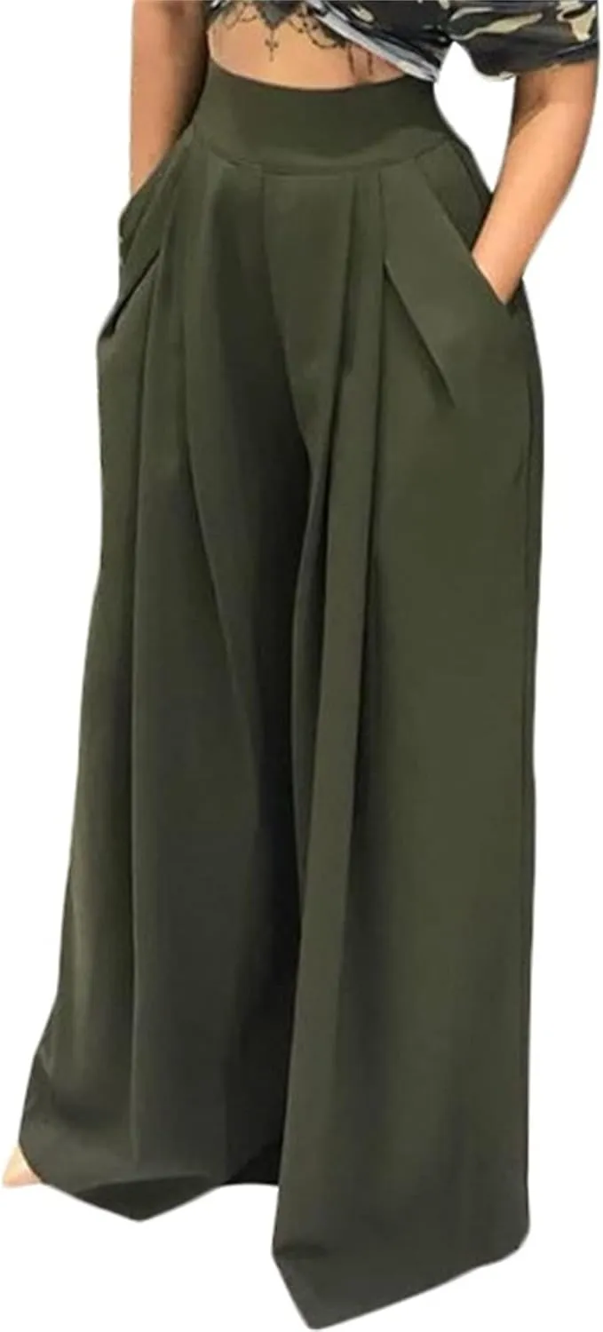 MESLIMA Palazzo Pants for Women High Waisted Wide Leg Stretchy Loose Fit Casual Trousers with Pocket