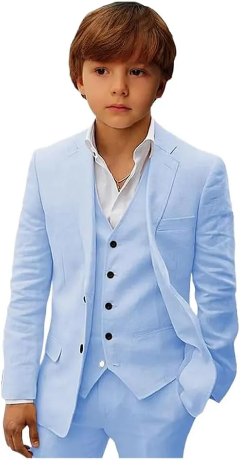 Mi Bo Tong Boys Linen Suit Slim Fit Kids Suit for Boys Summer Beach Wedding Suit Kids Tuxedos Suit Blazer Vest Pants Set