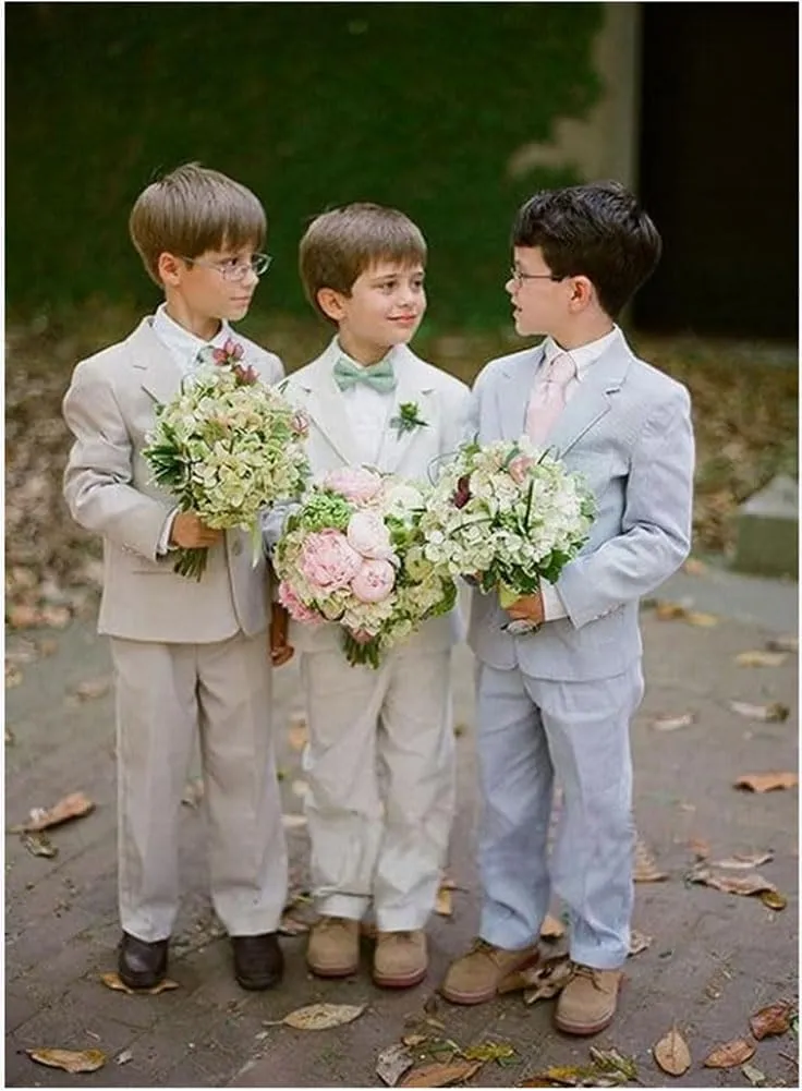 Mi Bo Tong Boys Linen Suit Slim Fit Kids Suit for Boys Summer Beach Wedding Suit Kids Tuxedos Suit Blazer Vest Pants Set