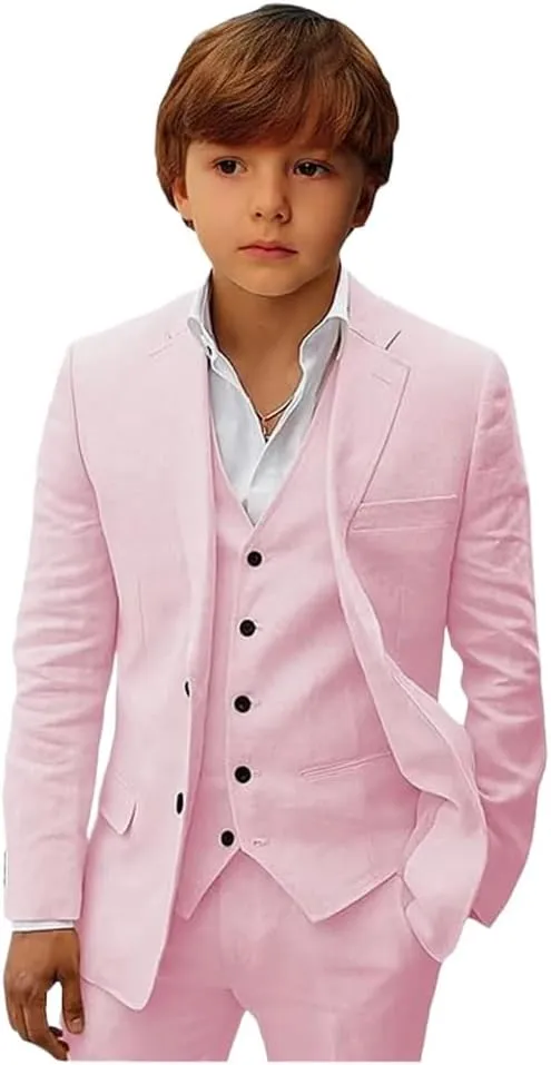 Mi Bo Tong Boys Linen Suit Slim Fit Kids Suit for Boys Summer Beach Wedding Suit Kids Tuxedos Suit Blazer Vest Pants Set