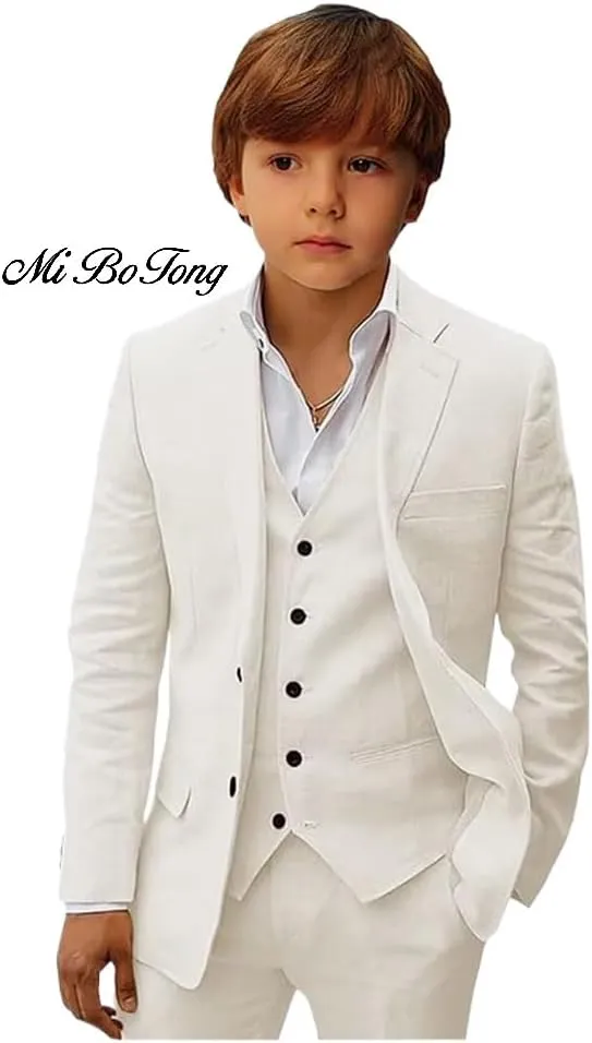 Mi Bo Tong Boys Linen Suit Slim Fit Kids Suit for Boys Summer Beach Wedding Suit Kids Tuxedos Suit Blazer Vest Pants Set