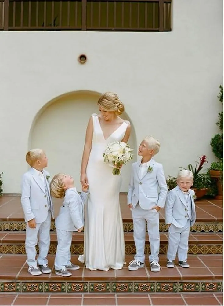 Mi Bo Tong Boys Linen Suit Slim Fit Kids Suit for Boys Summer Beach Wedding Suit Kids Tuxedos Suit Blazer Vest Pants Set