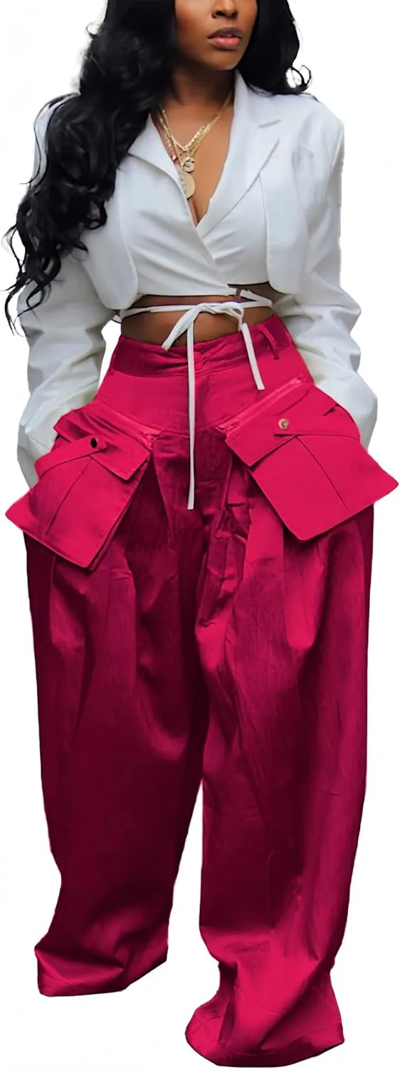 Mid Rise Wide Leg Cargo Pants for Women Baggy Trousers with Detachable Pockets Streetwear