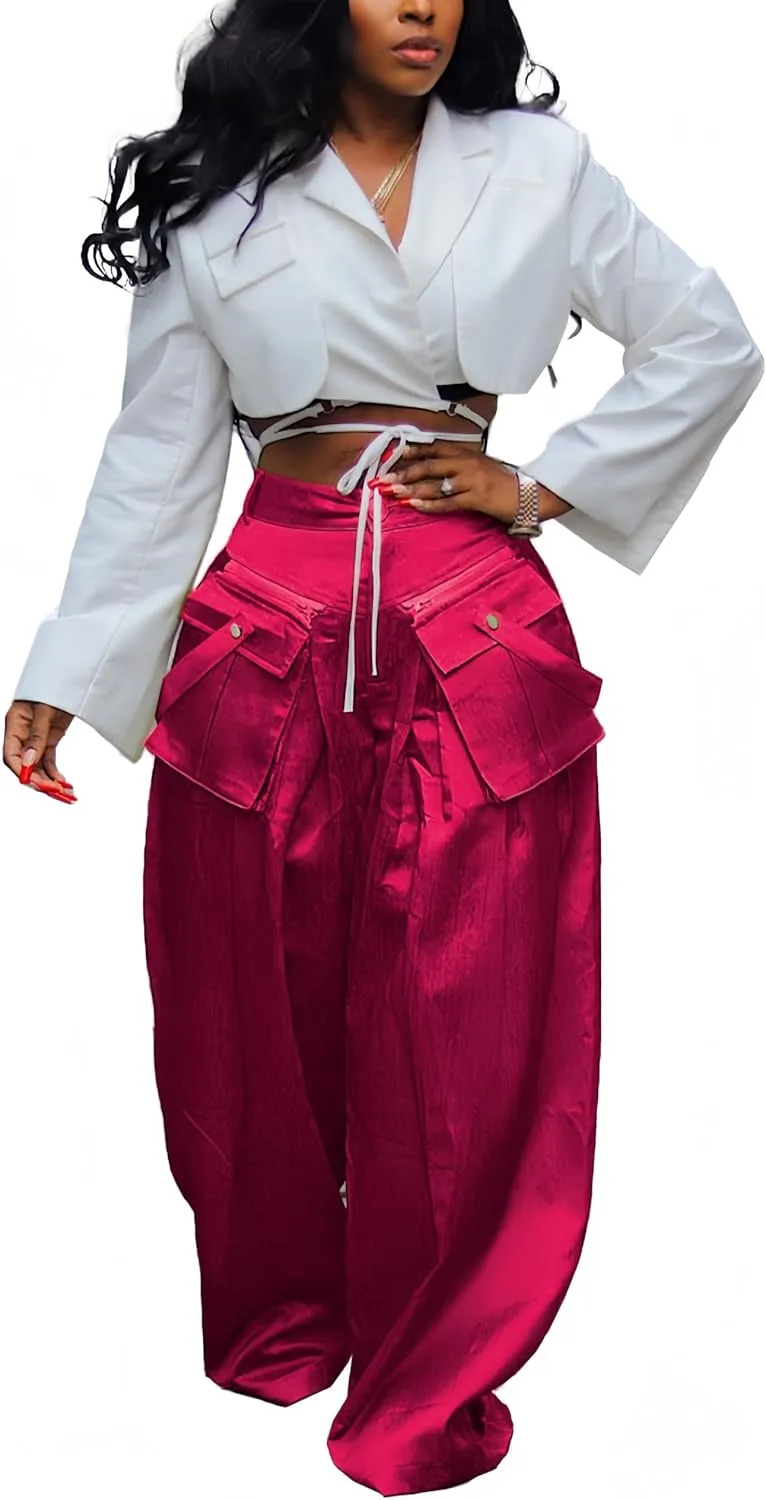 Mid Rise Wide Leg Cargo Pants for Women Baggy Trousers with Detachable Pockets Streetwear