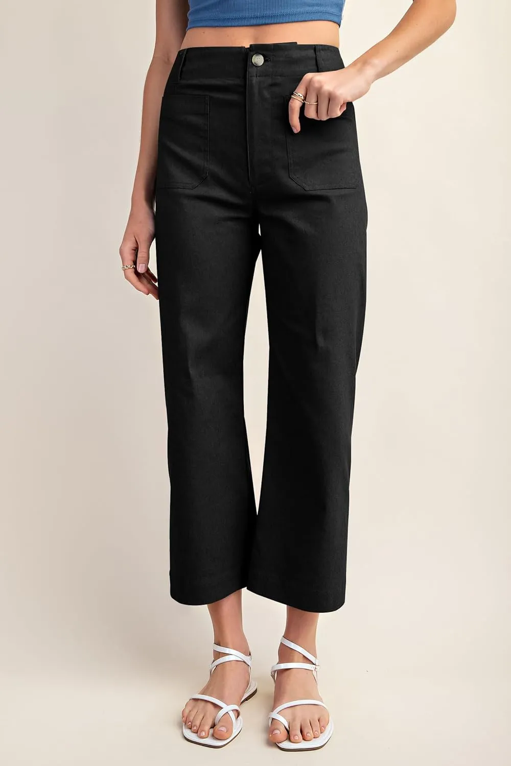 miduo Womens High Waisted Cropped Wide Leg Stretchy Straight Pants Trousers with Pockets