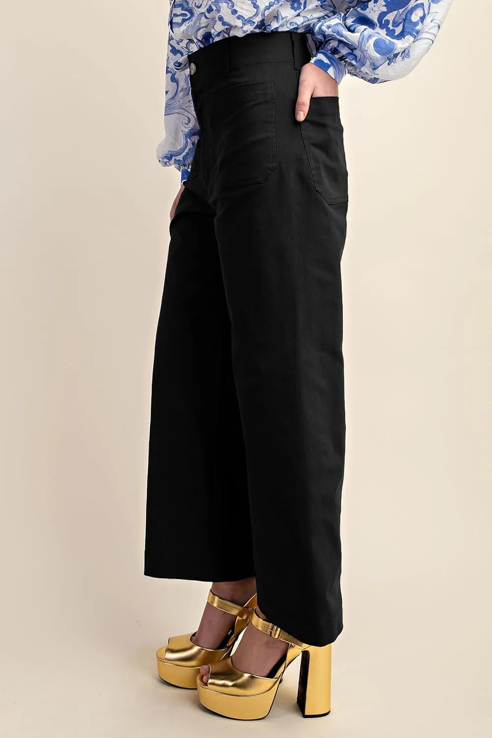 miduo Womens High Waisted Cropped Wide Leg Stretchy Straight Pants Trousers with Pockets
