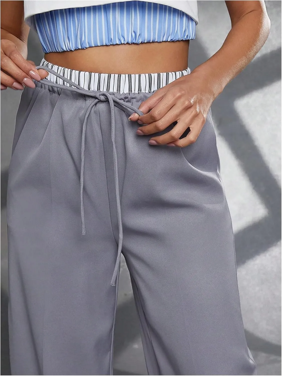Milumia Women's Loose Color Block Wide Leg Pants Drawstring Waist Trousers