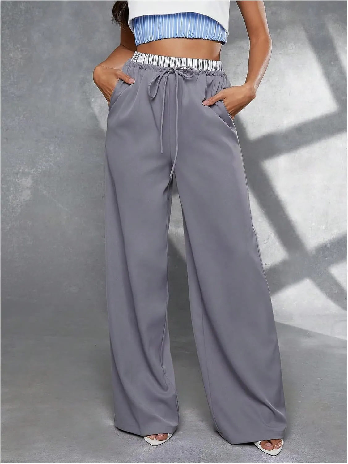 Milumia Women's Loose Color Block Wide Leg Pants Drawstring Waist Trousers