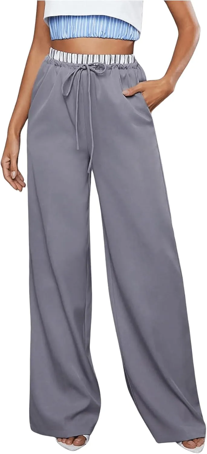 Milumia Women's Loose Color Block Wide Leg Pants Drawstring Waist Trousers