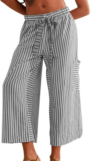 MISSACTIVER Womens Striped Pants Y2K Casual High Waist Drawstring Wide Leg Palazzo Pants Capri Pants with Pockets