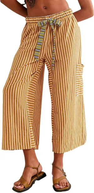 MISSACTIVER Womens Striped Pants Y2K Casual High Waist Drawstring Wide Leg Palazzo Pants Capri Pants with Pockets