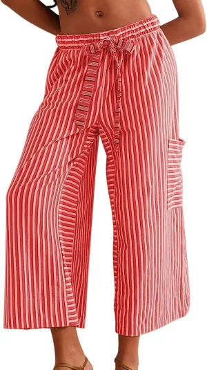 MISSACTIVER Womens Striped Pants Y2K Casual High Waist Drawstring Wide Leg Palazzo Pants Capri Pants with Pockets