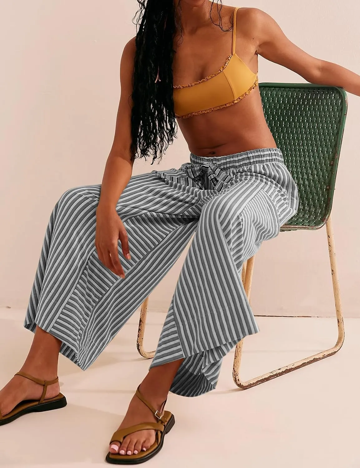 MISSACTIVER Womens Striped Pants Y2K Casual High Waist Drawstring Wide Leg Palazzo Pants Capri Pants with Pockets
