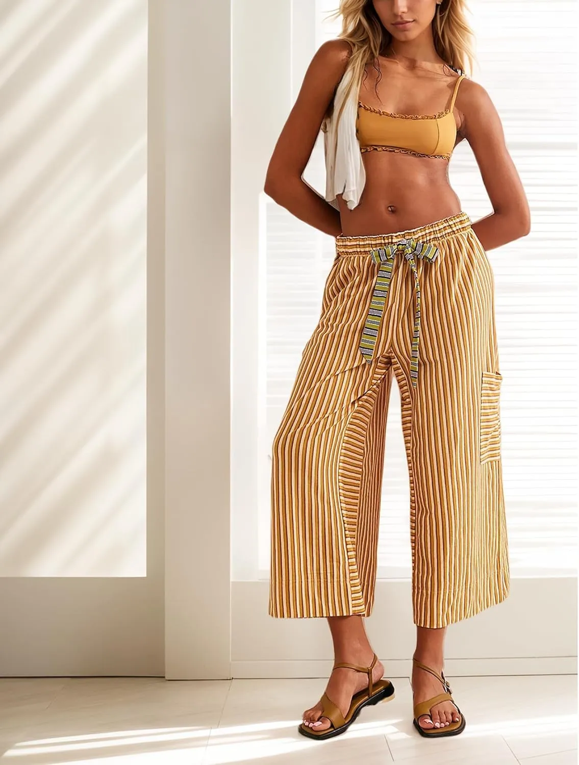 MISSACTIVER Womens Striped Pants Y2K Casual High Waist Drawstring Wide Leg Palazzo Pants Capri Pants with Pockets