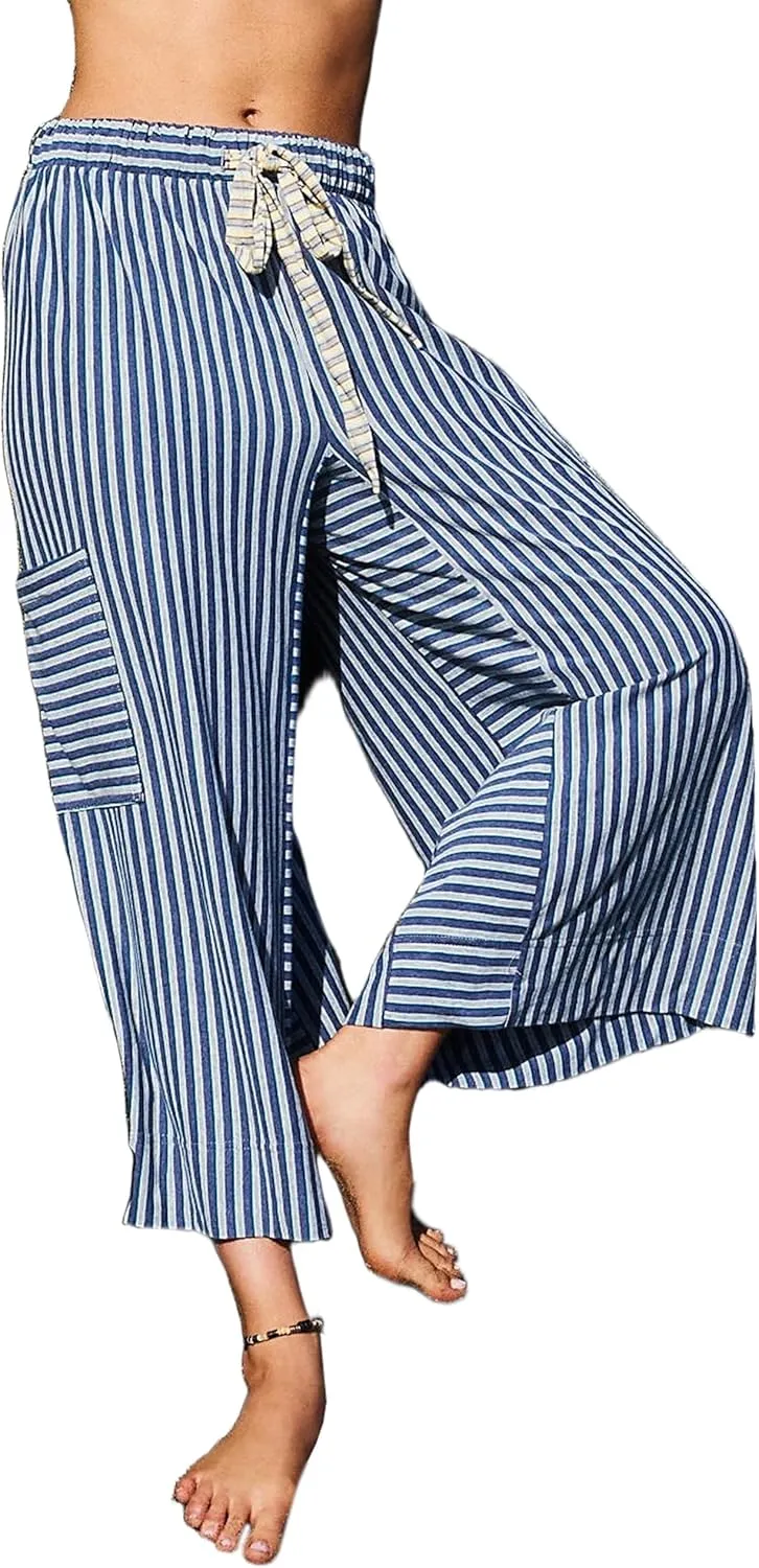 MISSACTIVER Womens Striped Pants Y2K Casual High Waist Drawstring Wide Leg Palazzo Pants Capri Pants with Pockets