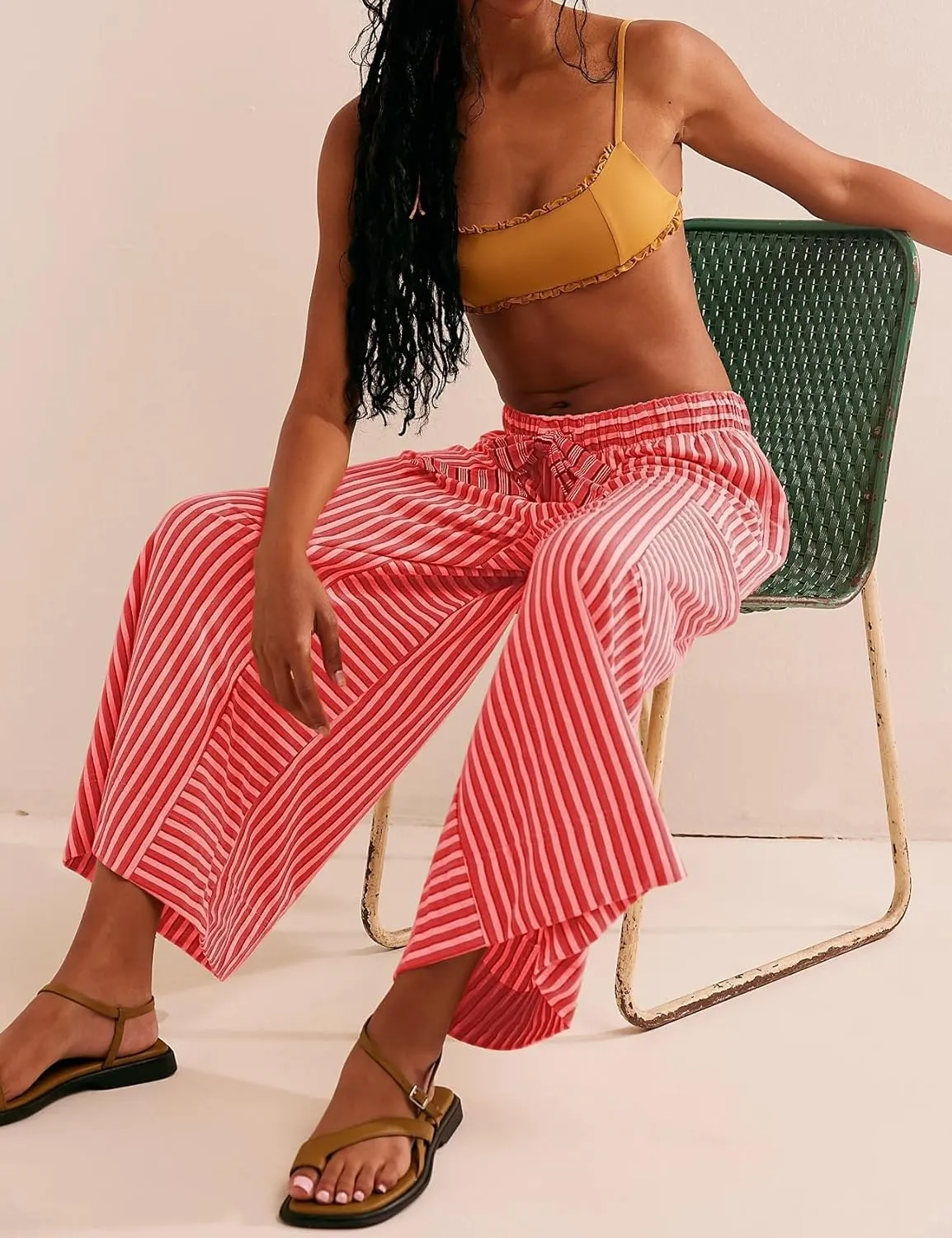 MISSACTIVER Womens Striped Pants Y2K Casual High Waist Drawstring Wide Leg Palazzo Pants Capri Pants with Pockets