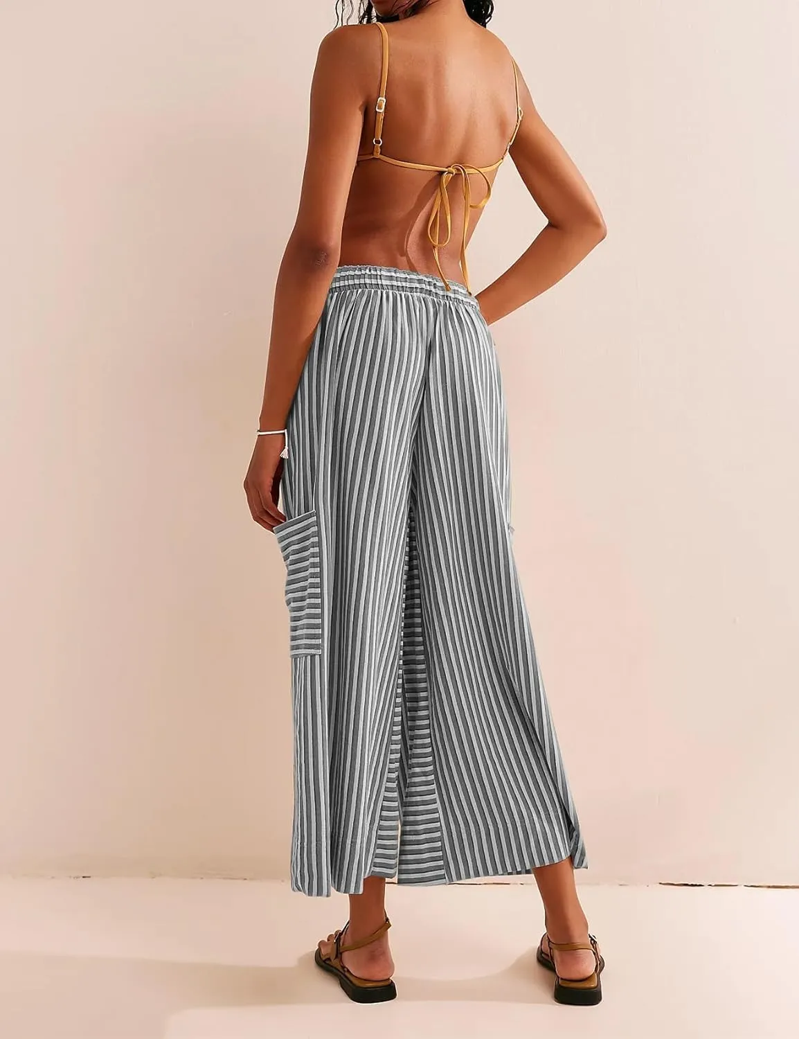 MISSACTIVER Womens Striped Pants Y2K Casual High Waist Drawstring Wide Leg Palazzo Pants Capri Pants with Pockets