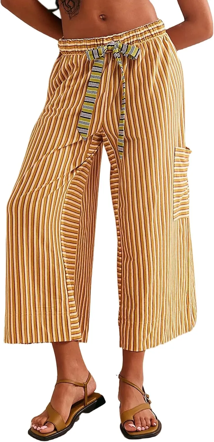 MISSACTIVER Womens Striped Pants Y2K Casual High Waist Drawstring Wide Leg Palazzo Pants Capri Pants with Pockets