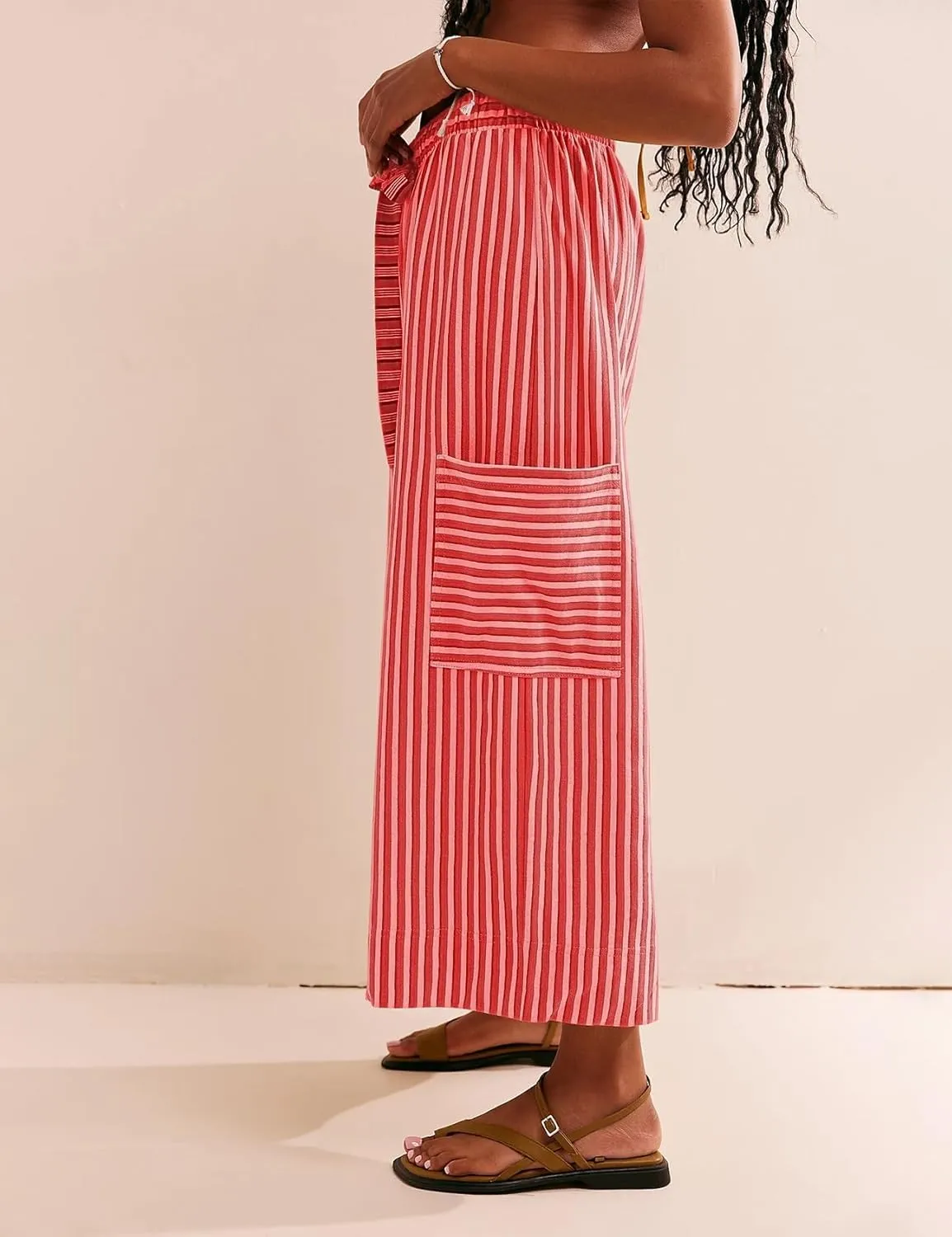 MISSACTIVER Womens Striped Pants Y2K Casual High Waist Drawstring Wide Leg Palazzo Pants Capri Pants with Pockets
