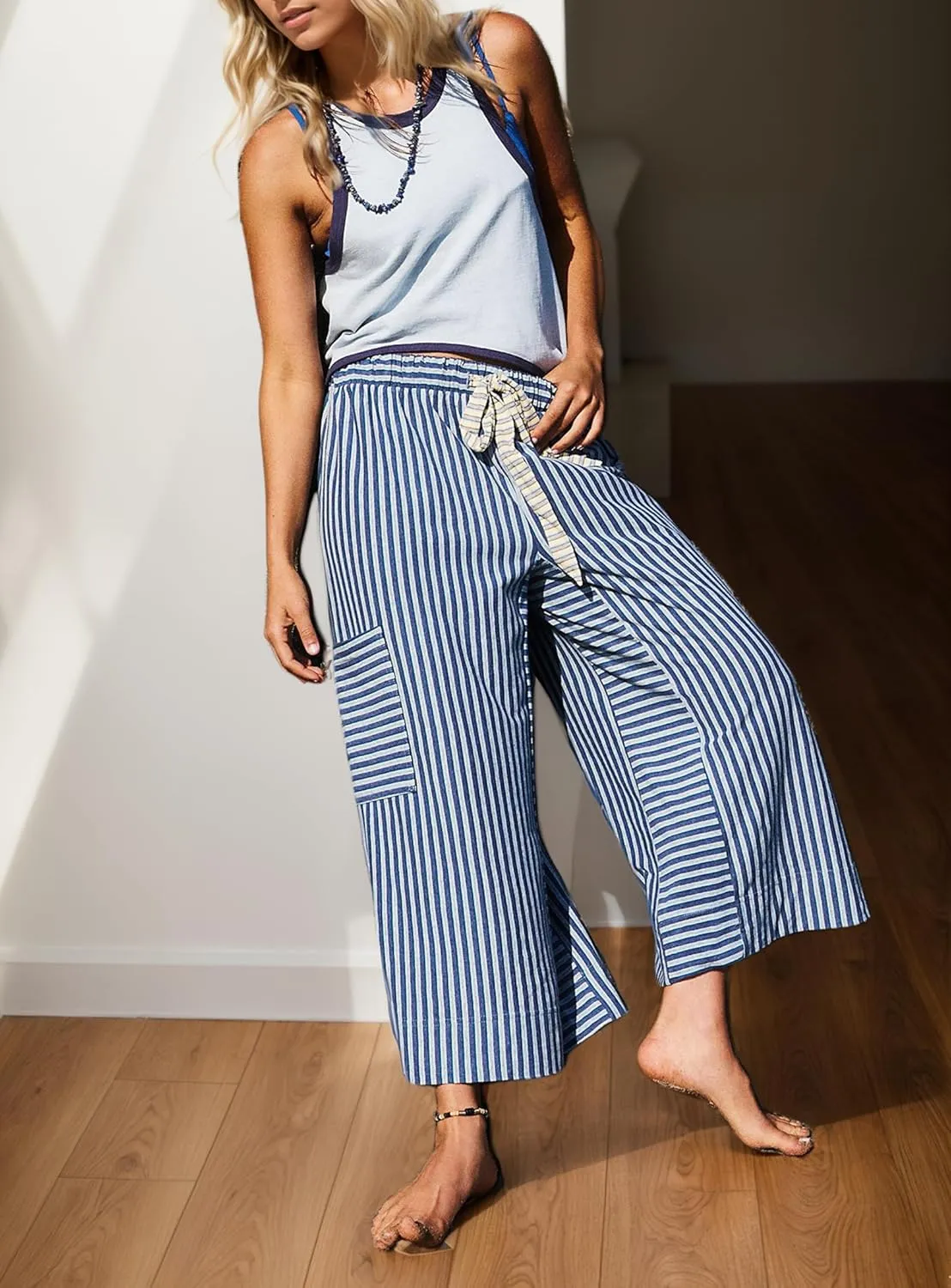 MISSACTIVER Womens Striped Pants Y2K Casual High Waist Drawstring Wide Leg Palazzo Pants Capri Pants with Pockets