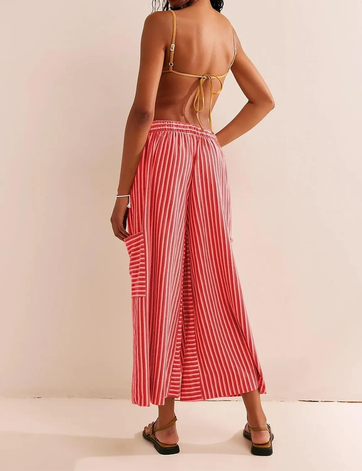 MISSACTIVER Womens Striped Pants Y2K Casual High Waist Drawstring Wide Leg Palazzo Pants Capri Pants with Pockets