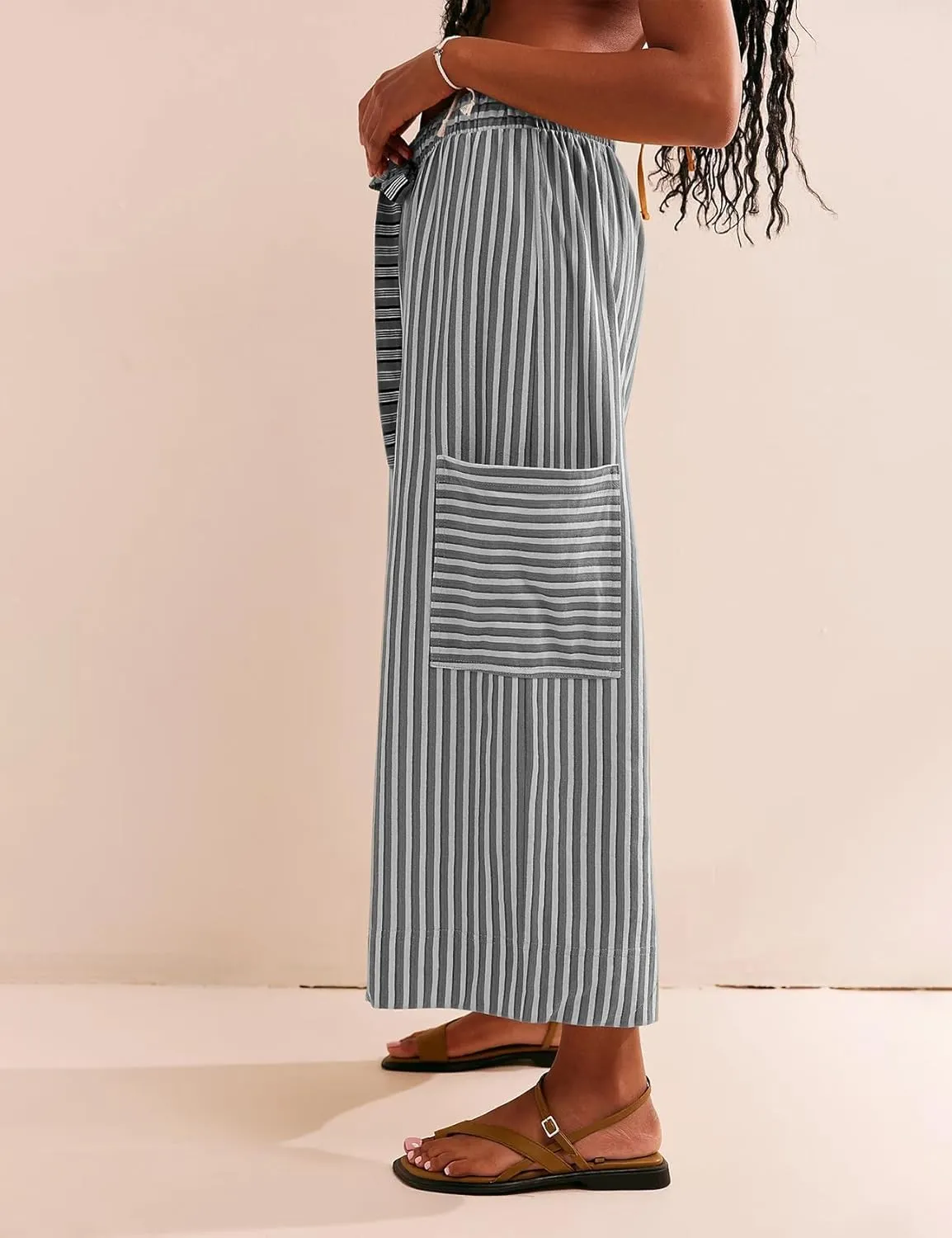 MISSACTIVER Womens Striped Pants Y2K Casual High Waist Drawstring Wide Leg Palazzo Pants Capri Pants with Pockets