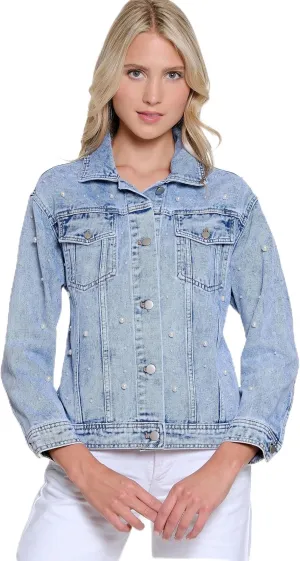MULTIPLES Women's Cuffed Long Sleeves Two-Pocket Button Front Oversized Jean Jacket