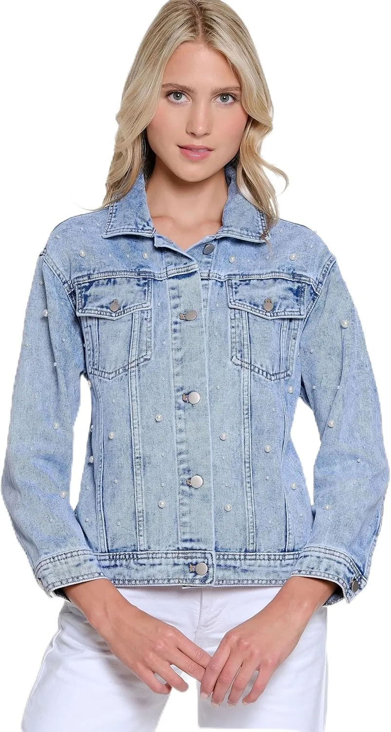 MULTIPLES Women's Cuffed Long Sleeves Two-Pocket Button Front Oversized Jean Jacket