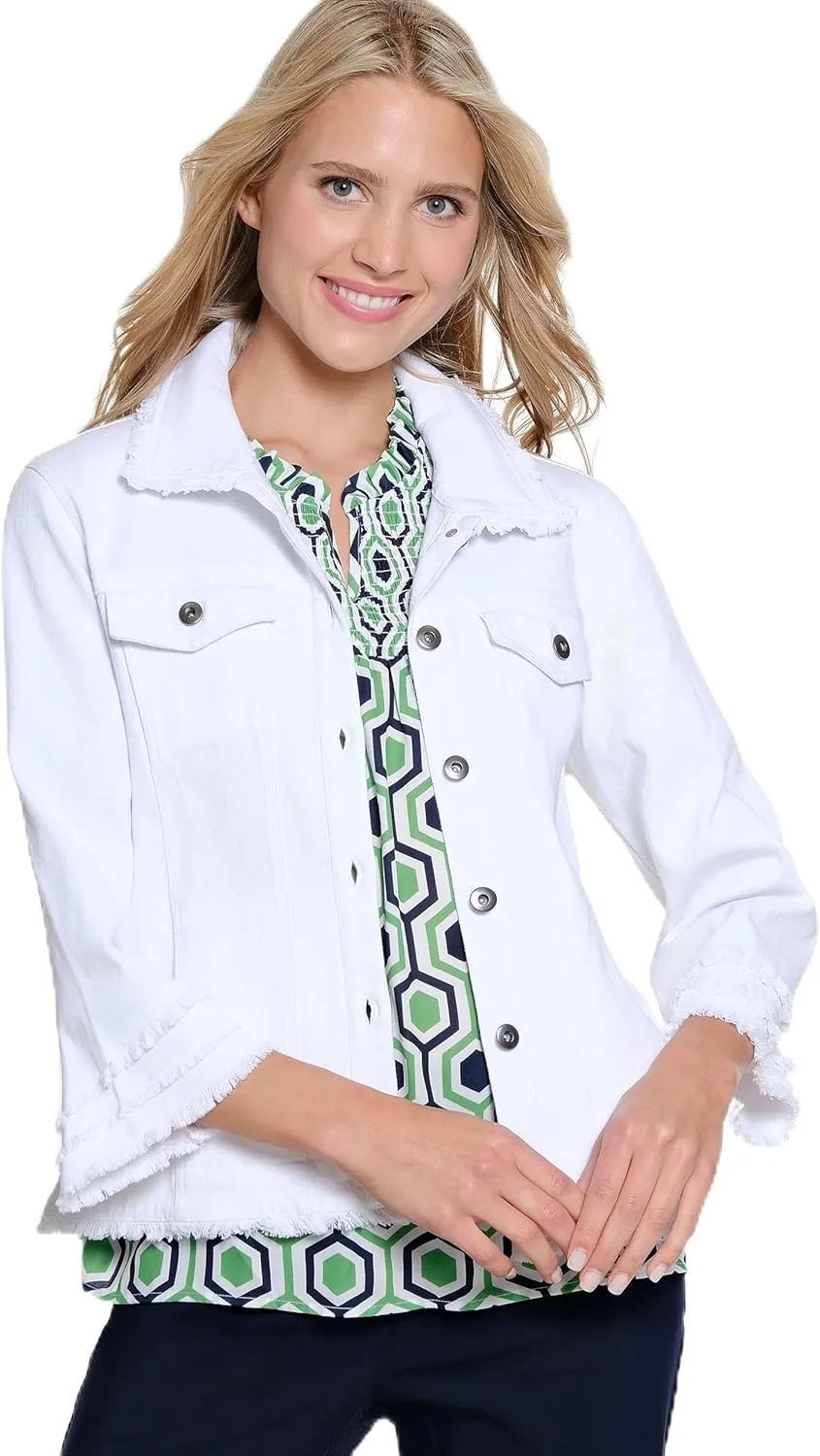 MULTIPLES Women's Triple Fringe Sleeves Four-Pocket Button Front Jean Jacket