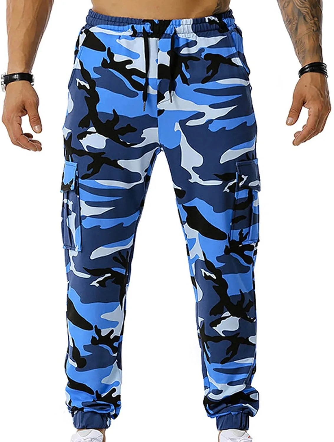 Muscularfit Athletic Pants for Men 2024 Trendy Stretch Waist Camo Pant Causal Drawstring Multi Pockets Camouflage Sweatpants