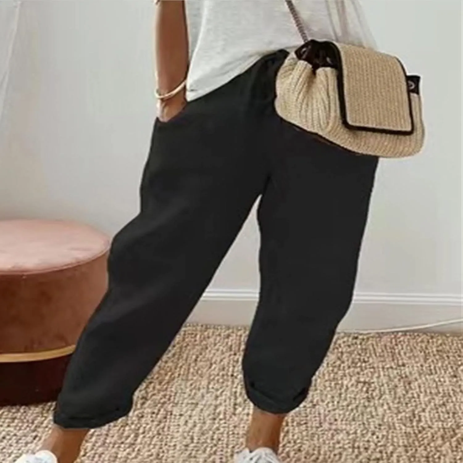 NATHGAM Womens Capri Pants Trendy Solid Color Lounge Palazzo Pants Summer Comfy Linen Loose Cropped Trousers with Pockets