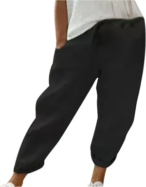 NATHGAM Womens Capri Pants Trendy Solid Color Lounge Palazzo Pants Summer Comfy Linen Loose Cropped Trousers with Pockets