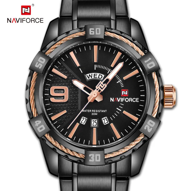 NAVIFORCE Mens Watch Gold Luxury Sport Waterproof Military Wristwatch Business Casual Stainless Steel Watches for Men NF9117S