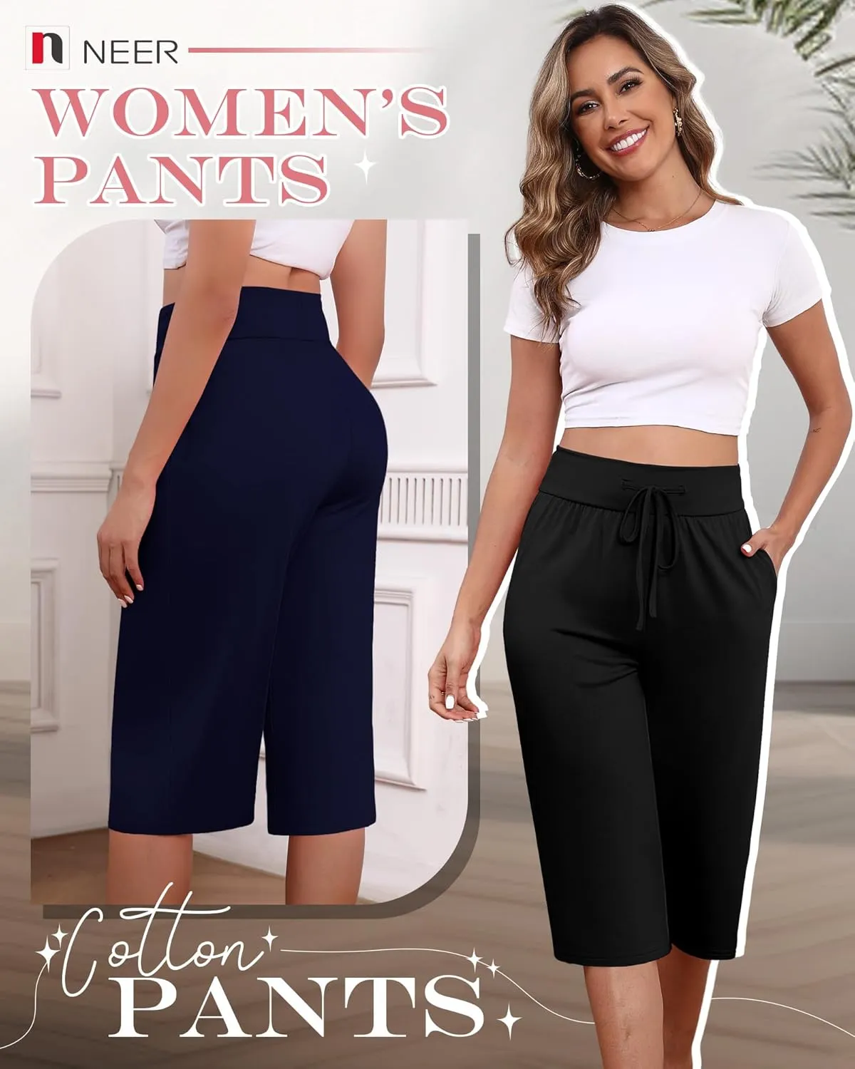 Neer 3 Pack Women's Capri Yoga Pants Cotton Wide Leg Drawstring Loose Sweatpants Comfy Lounge Cropped Pants with Pockets